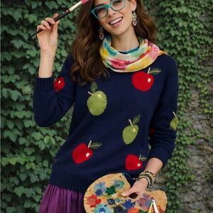 VINTAGE QUACKER FACTORY Navy and Green Apple Sweater, 8